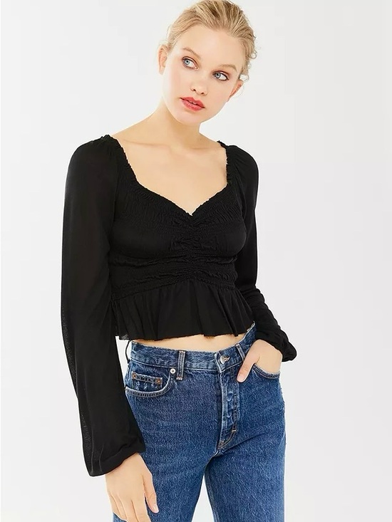 Urban Outfitters Tops - Urban Outfitters UO Shaina Ruched Smocked Ruffled Long Sleeve Crop Top in Black